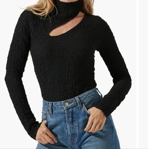 ASTR the Label Black Mock Neck Cut Out Smocked Top XS